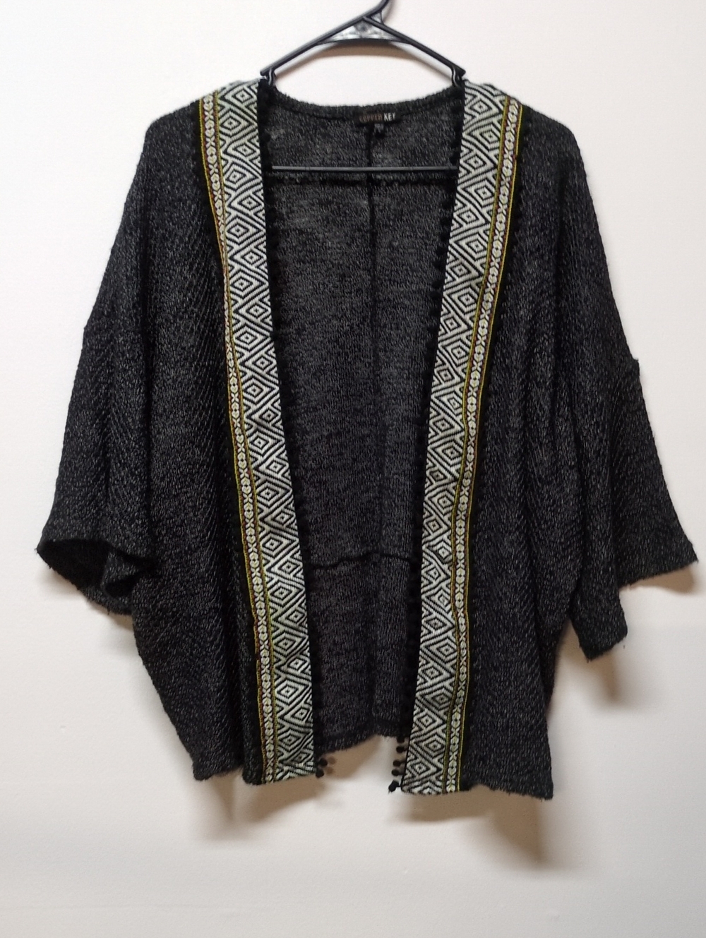 Copper Key Black Geometric Trim Bell Sleeve Kimono Cardigan, Size L